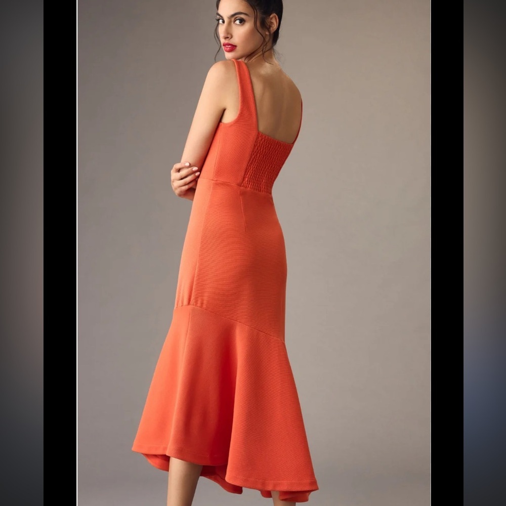 Anthropologie Ariana square neck asymmetrical ruffle hem dress orange small NWT - Picture 3 of 15